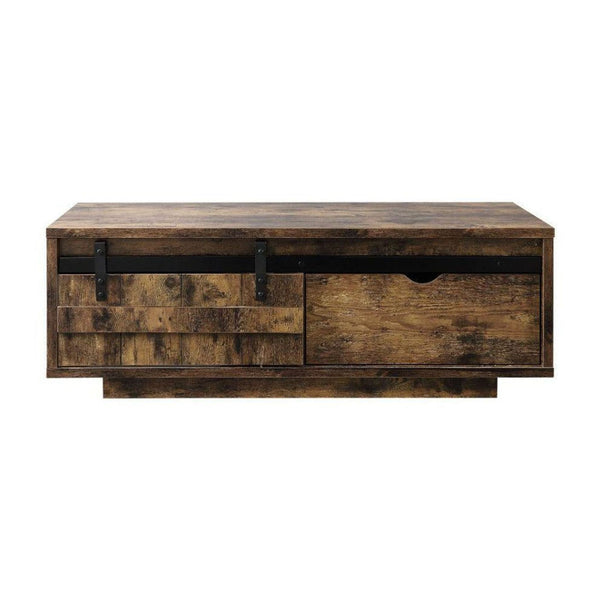 Modern coffee table made of composite wood and melamine veneer, featuring metal legs and a sleek design.  