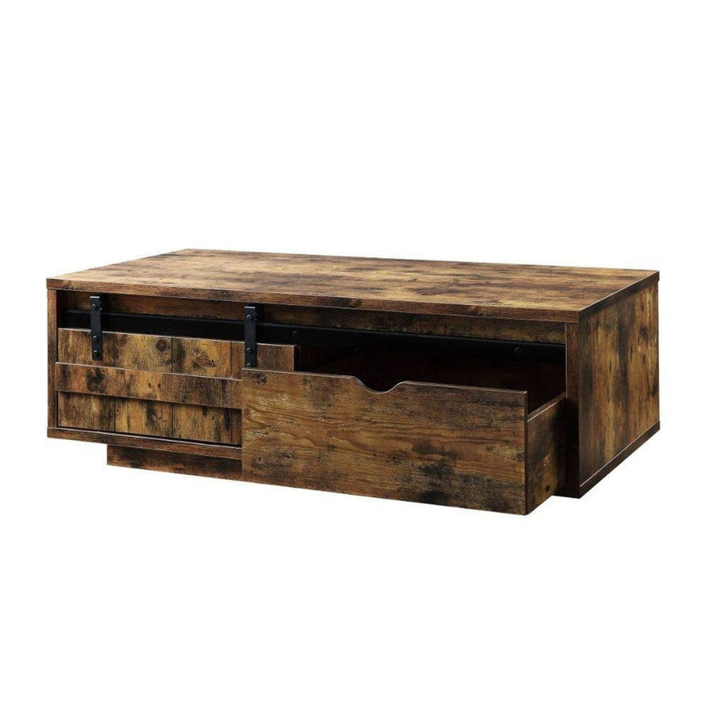 Rectangle coffee table constructed from composite wood with a melamine finish and sturdy metal supports.