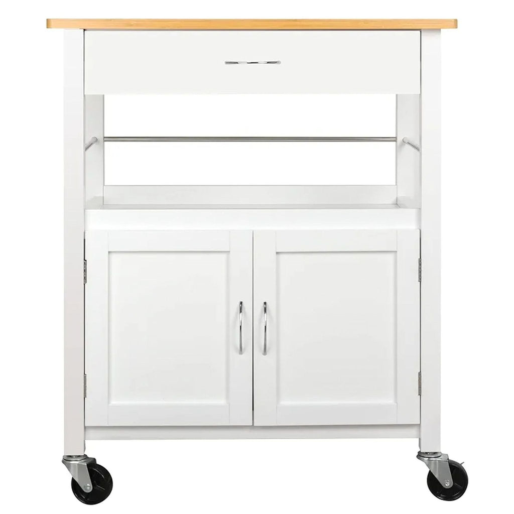 White cart with wooden top, metal handles, and caster wheels.  