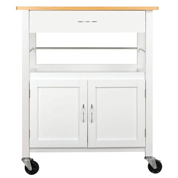 White cart with wooden top, metal handles, and caster wheels.  