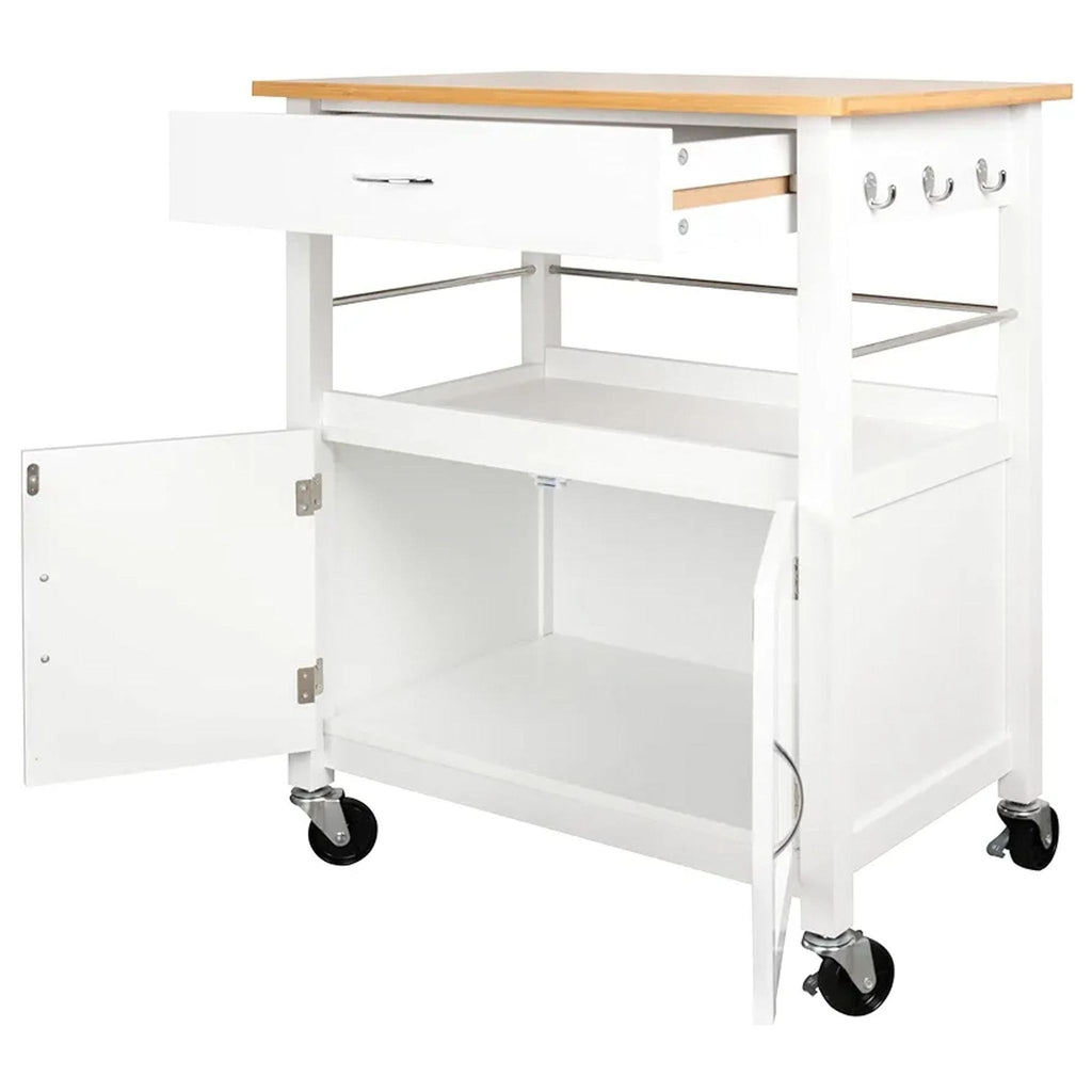 Open cart showing storage with hooks, drawers, and wheels.  