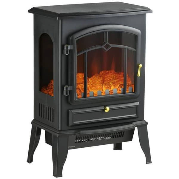 Compact vintage-style electric fireplace with realistic flame effect.