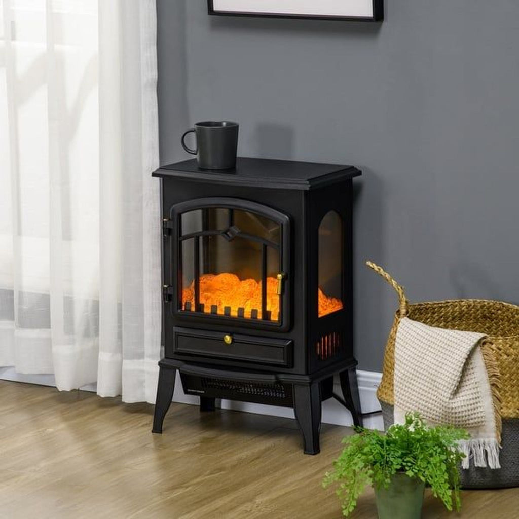Stylish electric fireplace heater in cozy room setting with decor.
