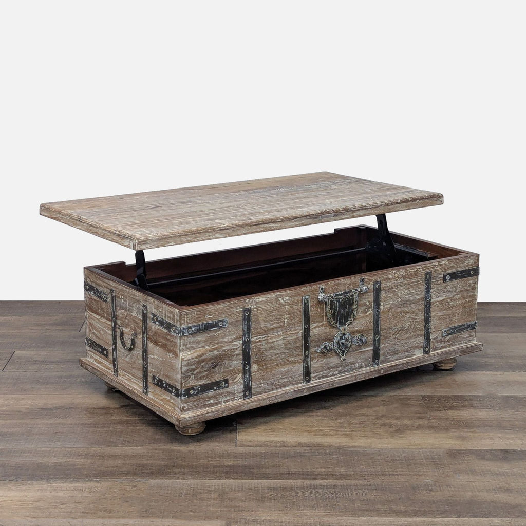 Pottery Barn lift-top coffee table, hand-crafted with reclaimed wood and wrought iron accents.