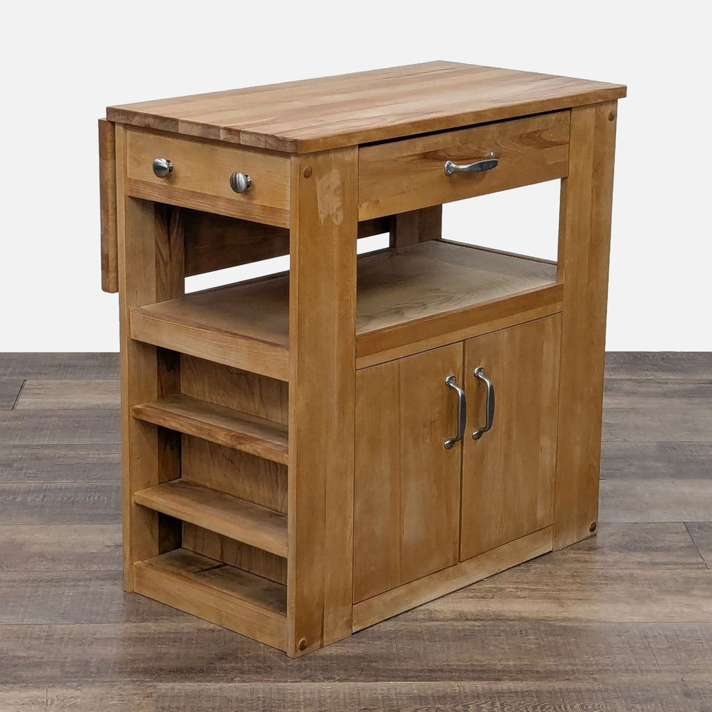 Side view of kitchen island, highlighting shelves and foldable top.