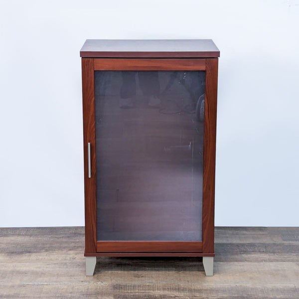 Bush Furniture entertainment center with frosted glass door in Hansen cherry finish.