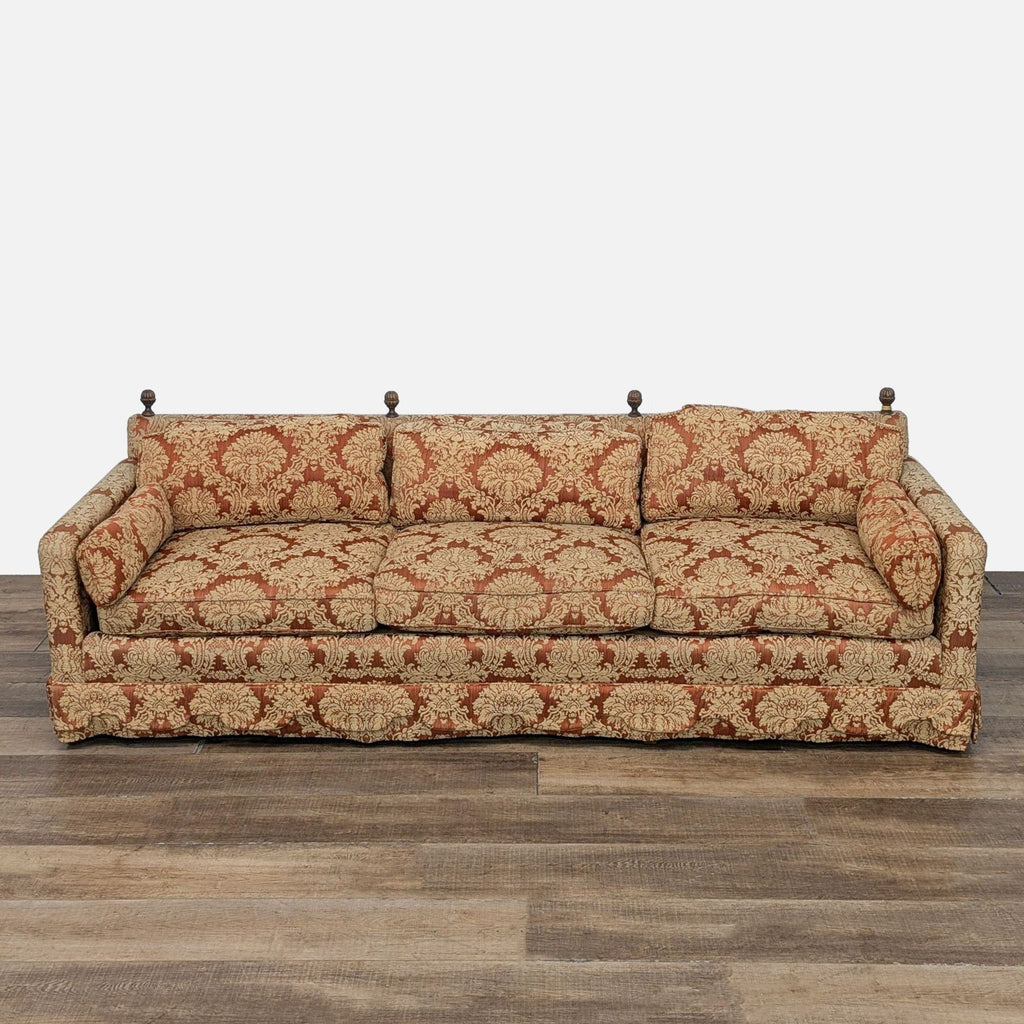 Vintage 3-seat Henredon sofa with damask upholstery and turned wood spindles.