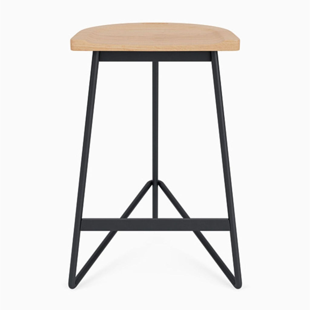 Front view of a Denver Modern stool with a contoured white oak seat and steel frame.