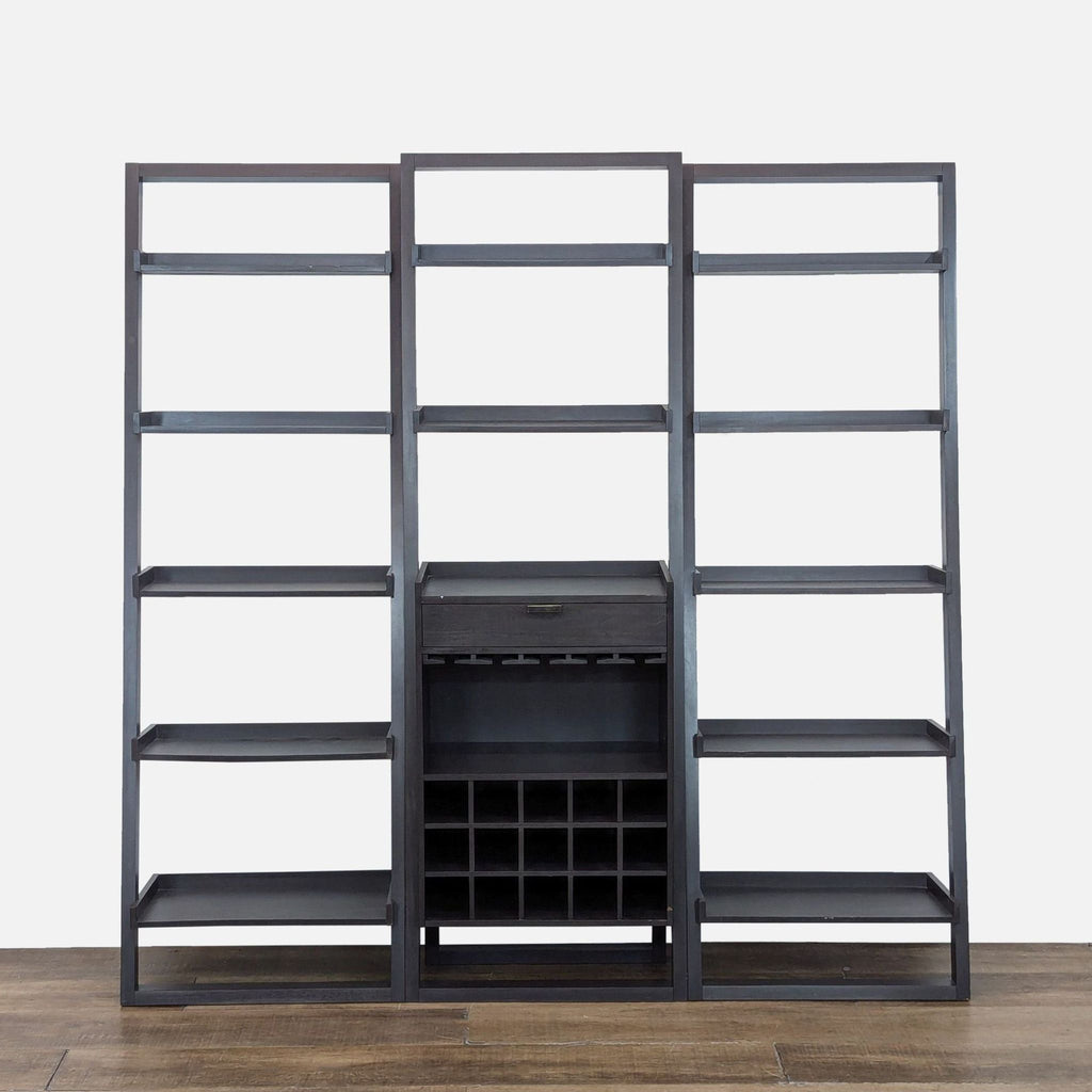 1. Dark wooden bookshelf set with wine glass holders, wine cubbies, and storage drawer.