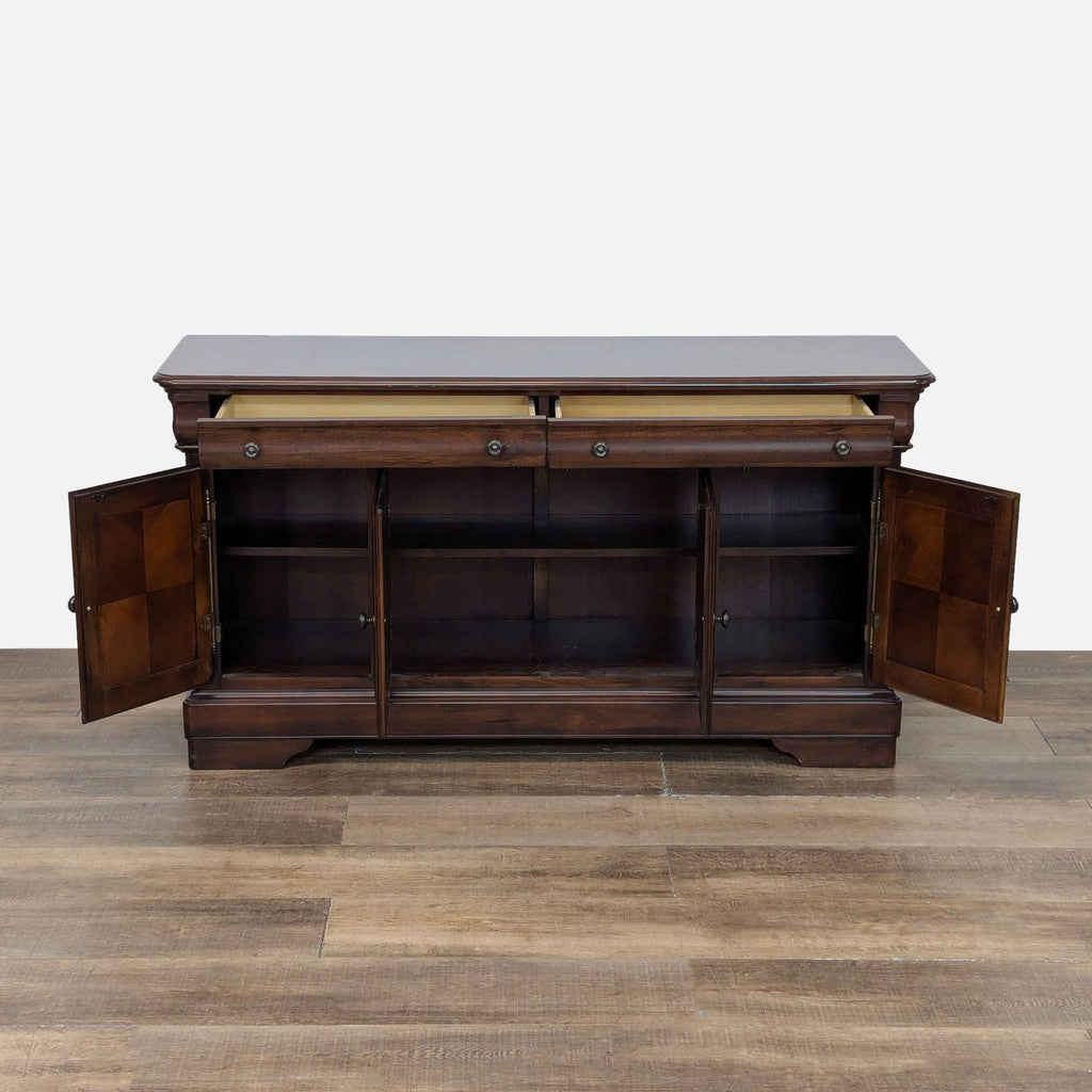 Open Reperch credenza showcasing interior shelving and two drawers.