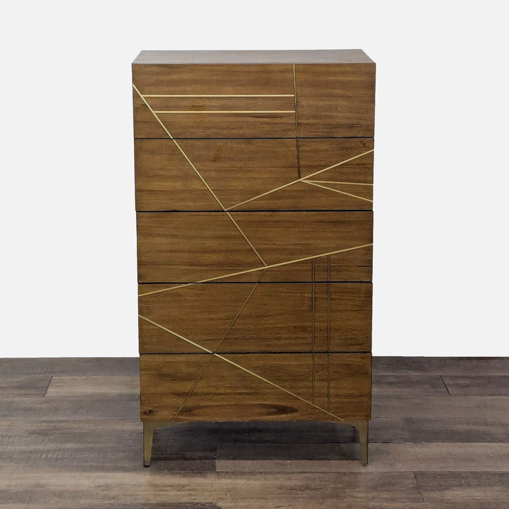 Living Spaces dresser with gold metal inlay and legs.