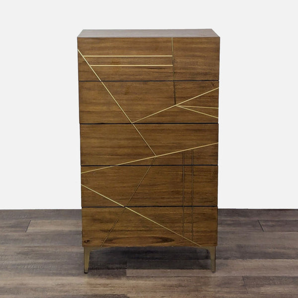 Living Spaces dresser with gold metal inlay and legs.