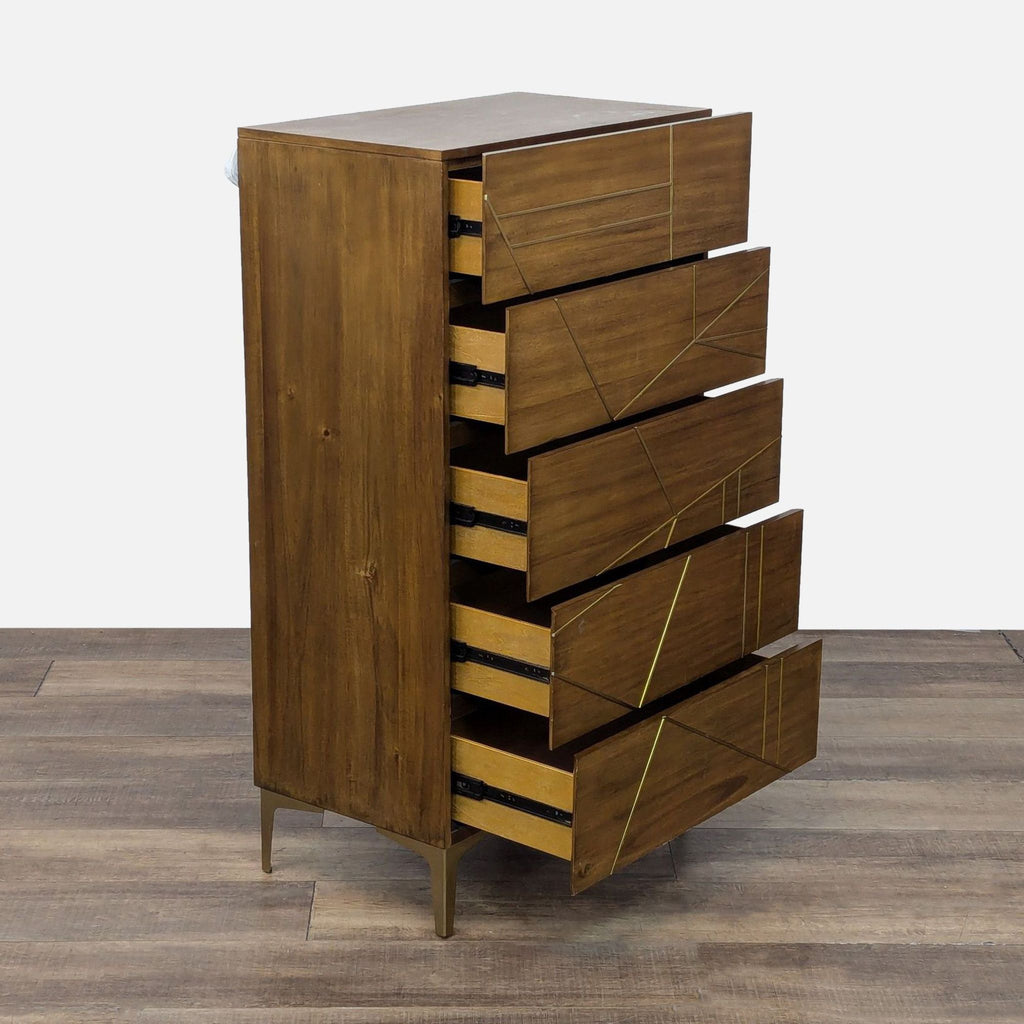 Side view of open-drawer dresser with gold metal accents.