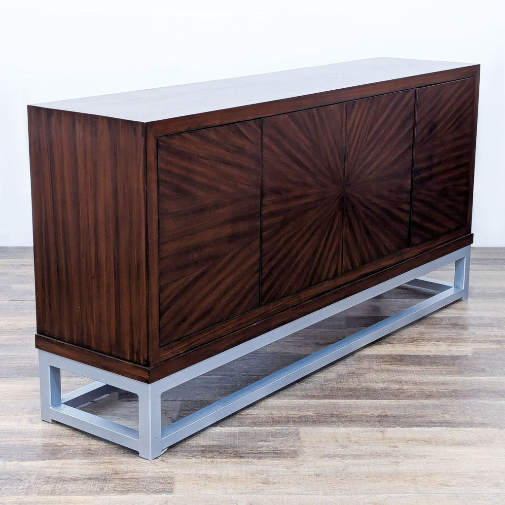 Side view of a elegant cabinet with patterned doors.
