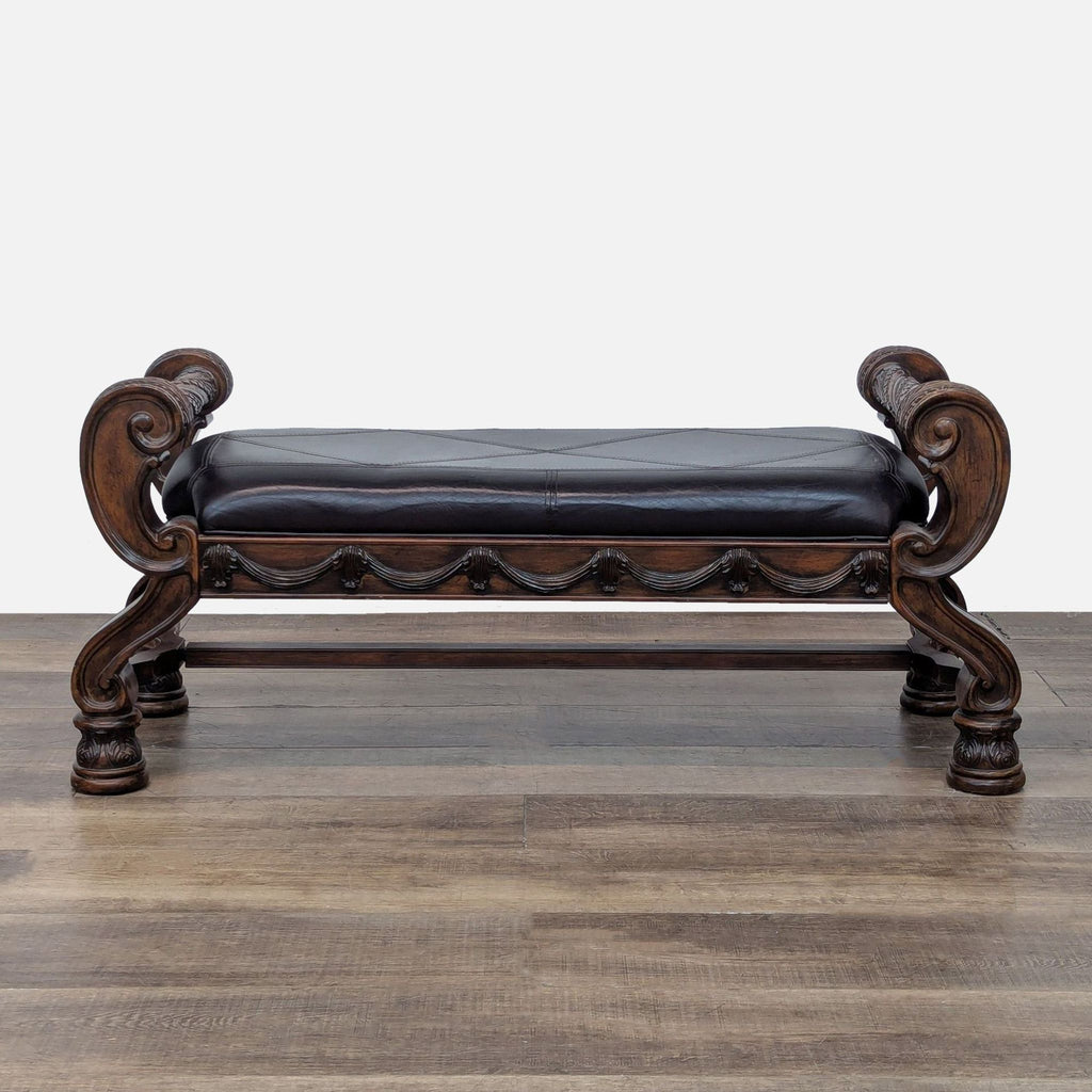 Ashley Furniture bench with wood frame, cushioned seat in vinyl, and decorative classical accents.