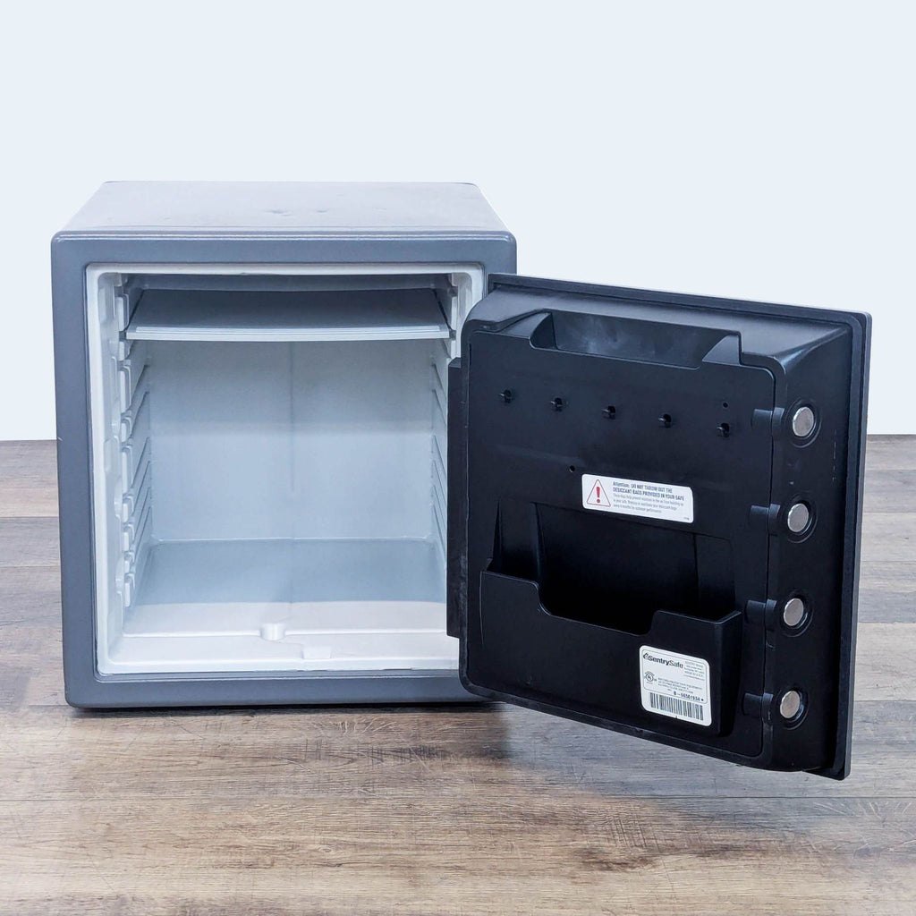 Open SentrySafe safe showing interior shelves and door storage.