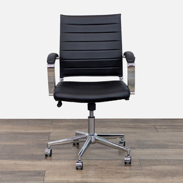 Front view of a black chair with chrome base and casters.