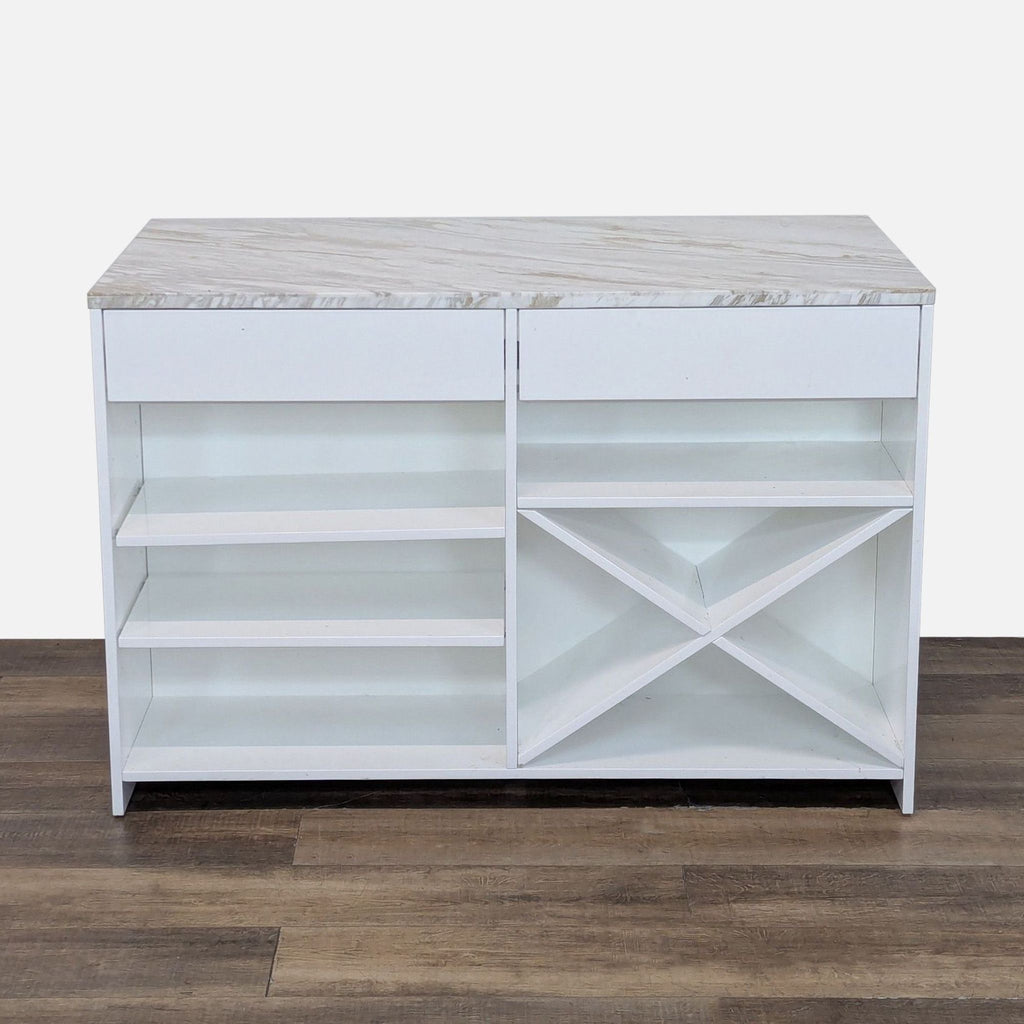 High-gloss white island with shelves and wine storage, topped with veined white marble.