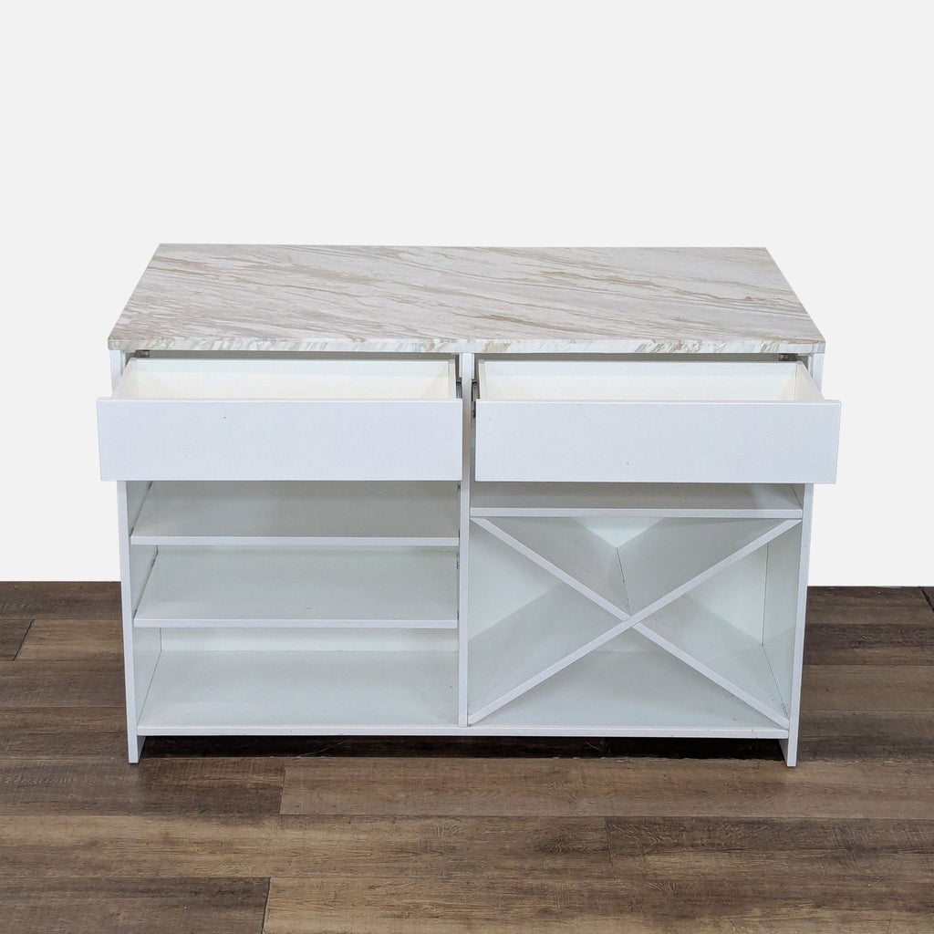 White island with drawers open, displaying shelves and wine storage, topped by veined marble.