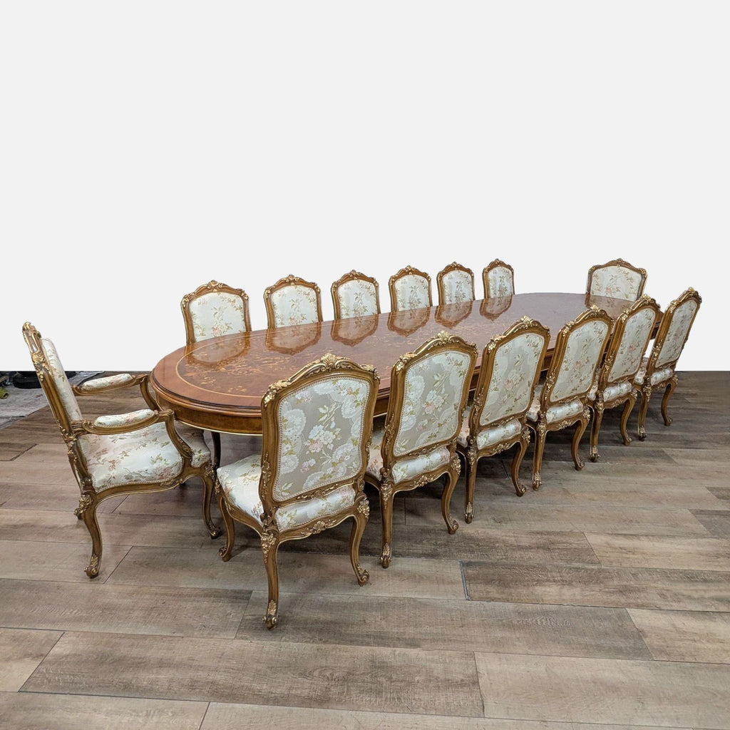 15-piece Italian dining set with oval table and floral upholstered chairs.