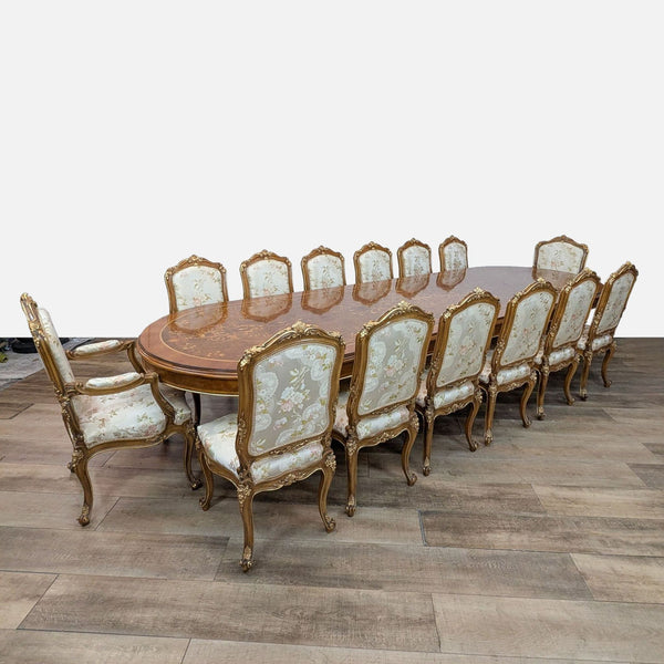 15-piece Italian dining set with oval table and floral upholstered chairs.