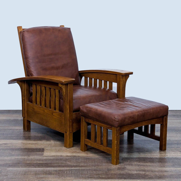 Reclining lounge chair with wooden frame and leather upholstery, shown with matching ottoman.