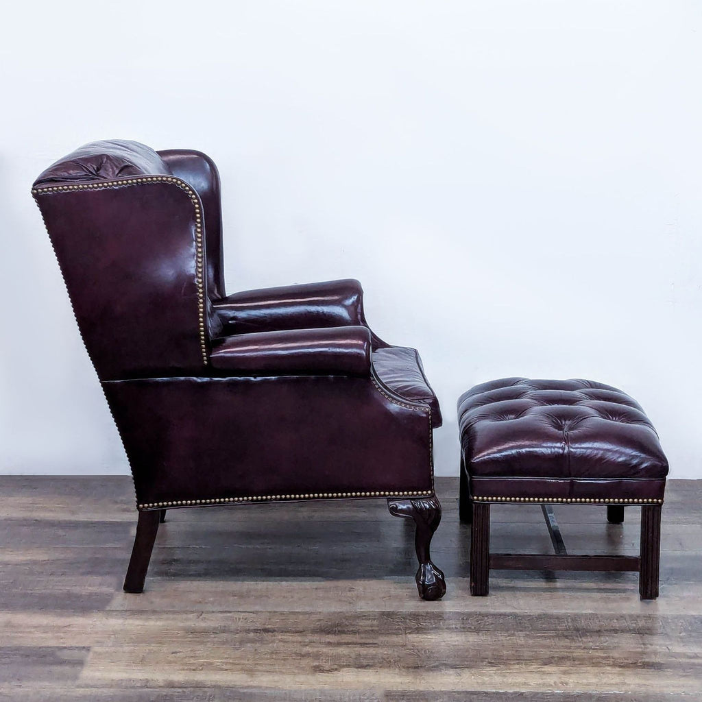 Hancock & Moore Chippendale Leather Library Club Wingback Arm Chair Ottoman
