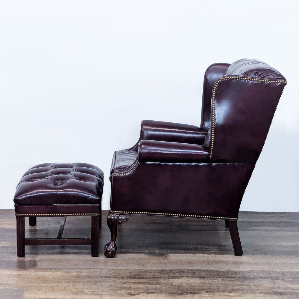 Hancock & Moore Chippendale Leather Library Club Wingback Arm Chair Ottoman