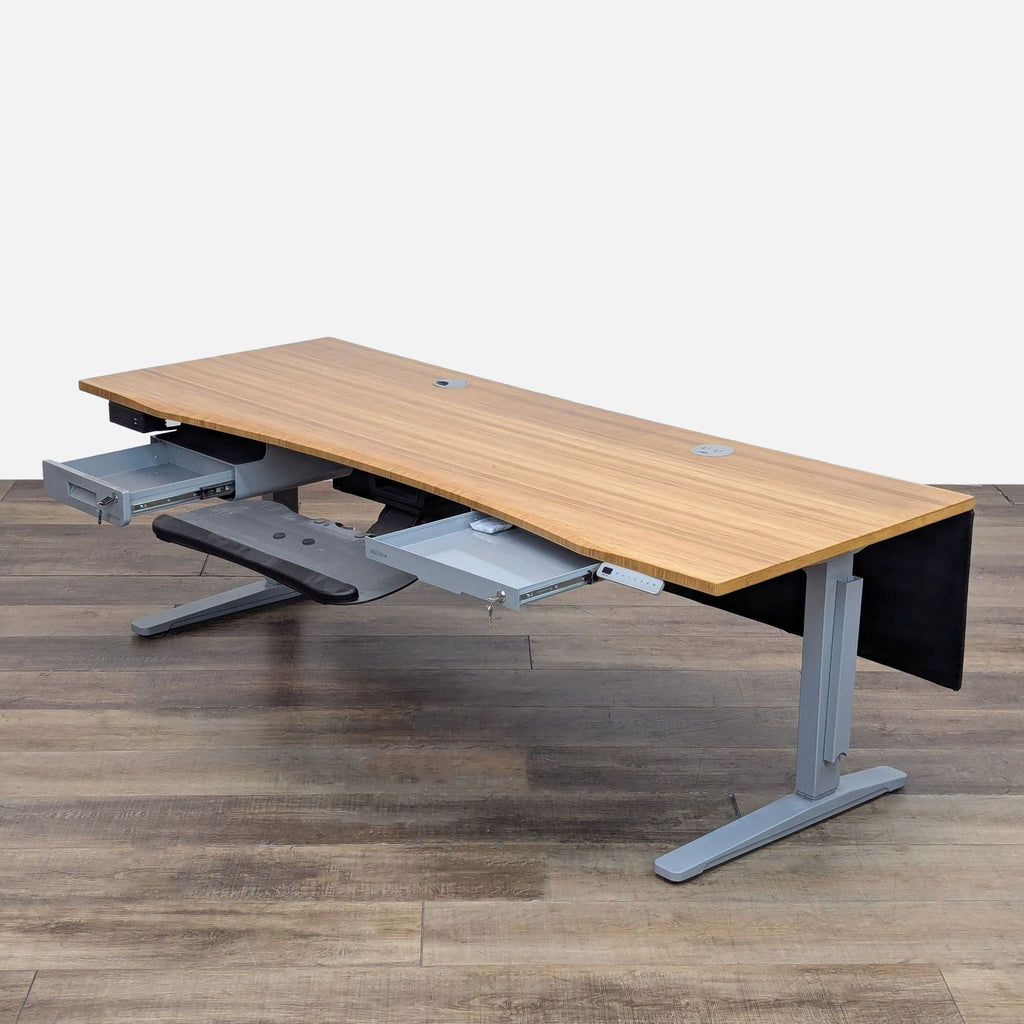Bamboo desk with height adjustment, keyboard drawer, and lockable storage.