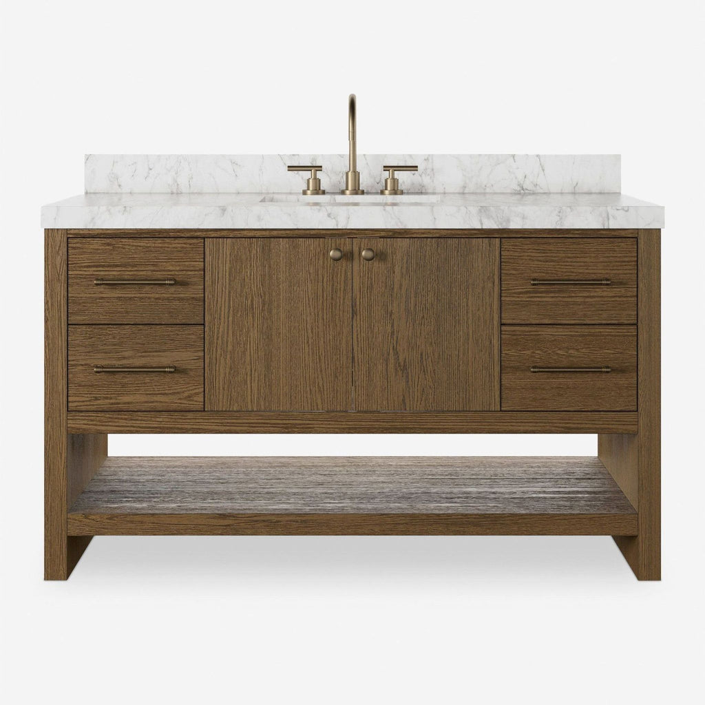 Front view of an oak vanity with marble top and brass hardware.