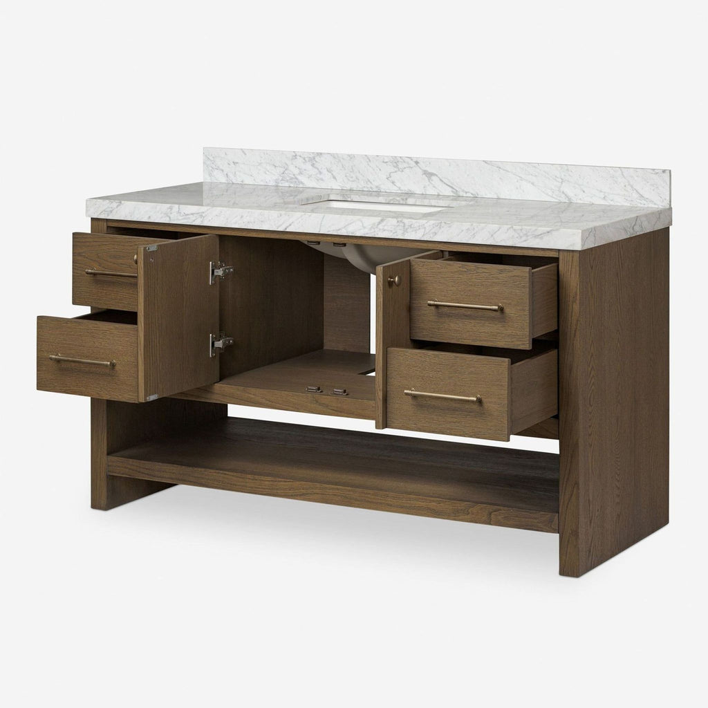 Interior view showing open drawers and cabinets on oak vanity.