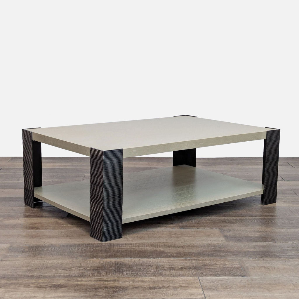 Modern oak veneer coffee table by Mandalay Furnishings, features a sturdy double-shelf design.