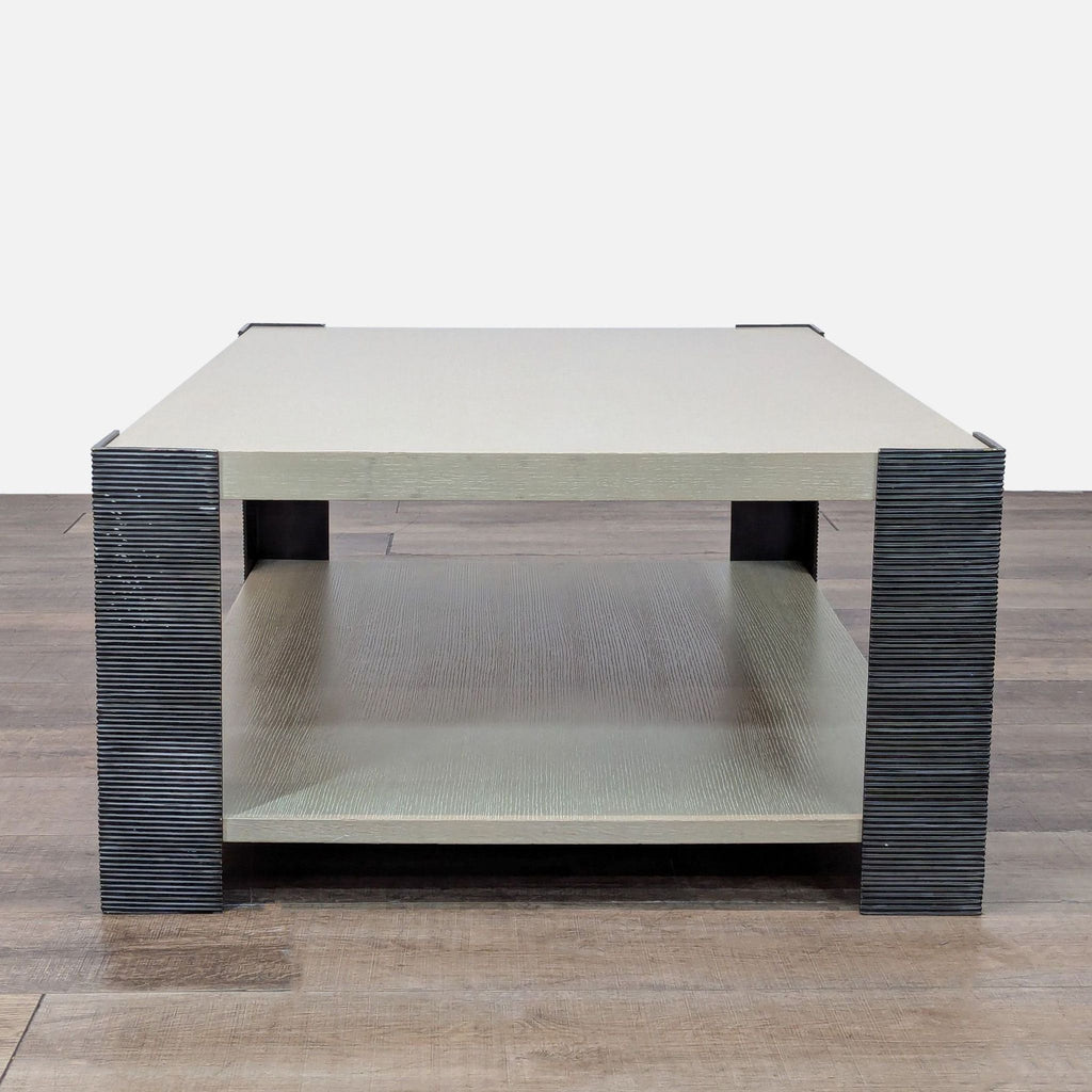 MDF and oak veneer coffee table with stripped dark iron legs, offering stylish storage.