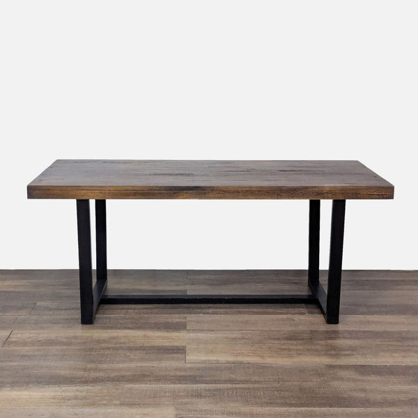 Walker Edison dining table with a solid pine planked top and painted wood base.