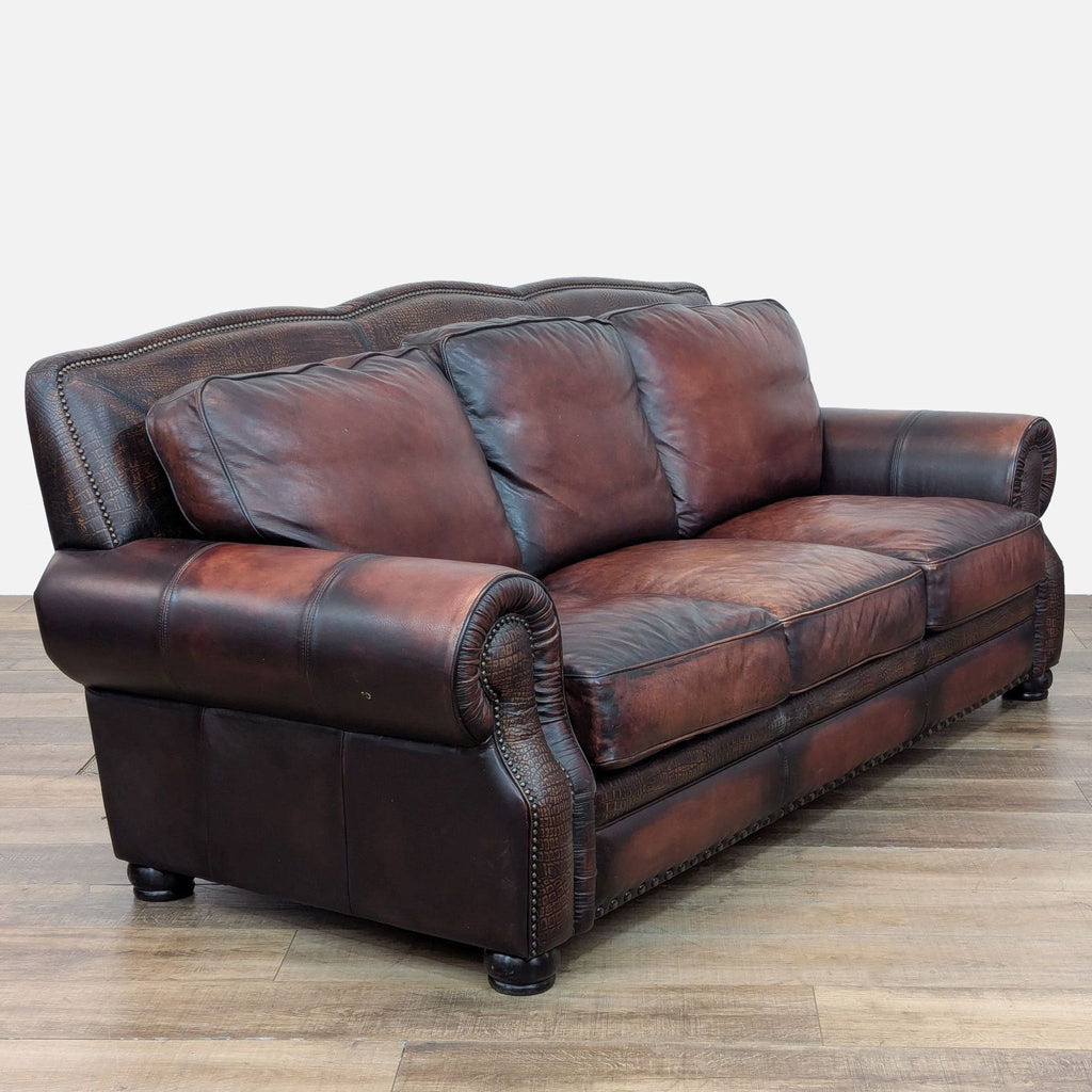 Classic Custom Brown Leather 3-Seat Sofa with Rolled Arms