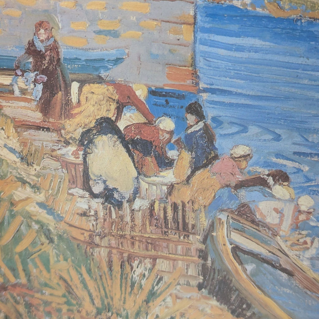 Close-up of vibrant figures and water in Van Gogh's Langlois Bridge painting print.