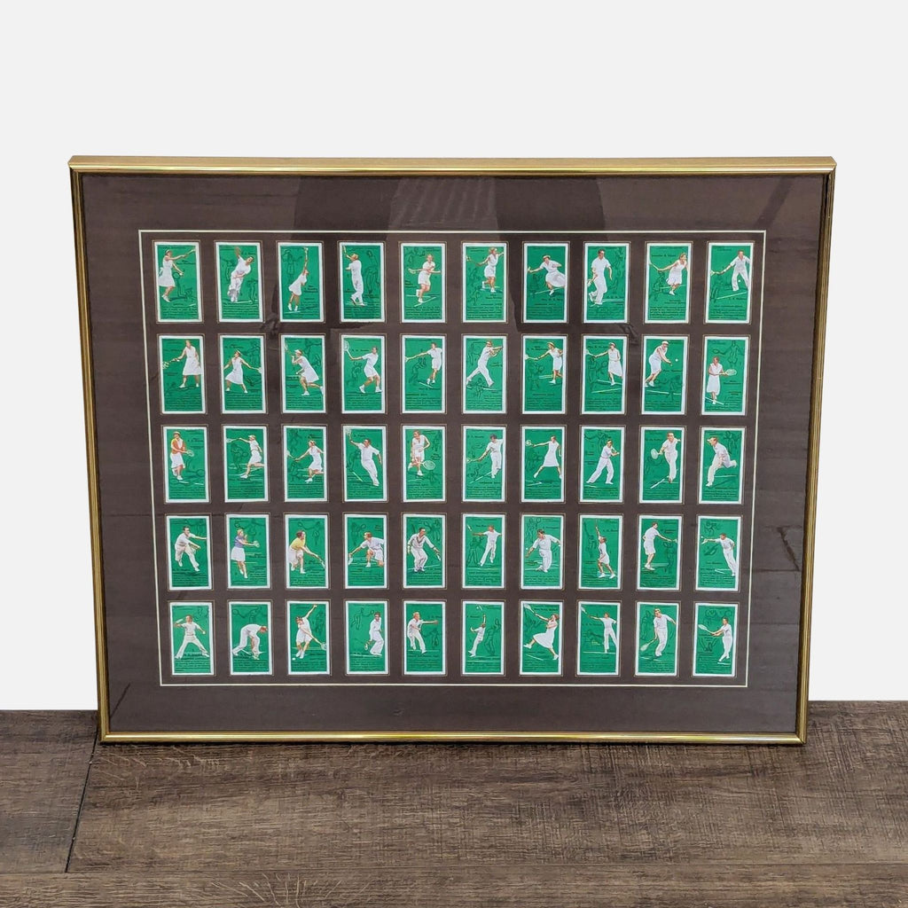 Framed set of 50 vintage tennis cards, featuring tennis shots on a green court background.