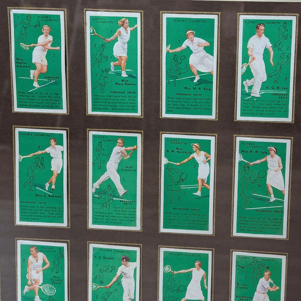 Close-up view of individual tennis cards showcasing players and different tennis moves.
