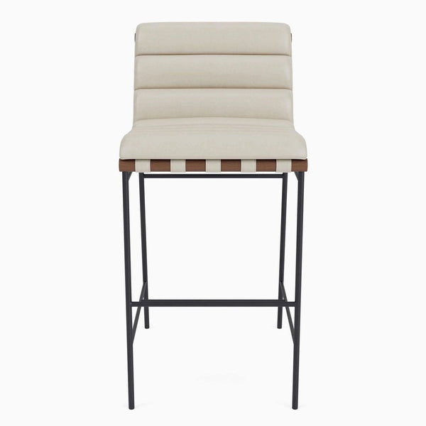 Front view of a Denver Modern stool with pearl leather upholstery, walnut dowel, and a steel frame.
