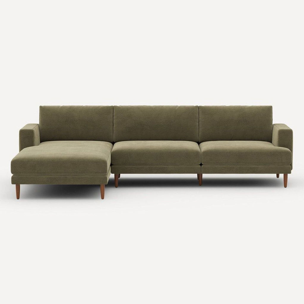 Sage chenille Burrow sectional with wide seats and walnut legs.  