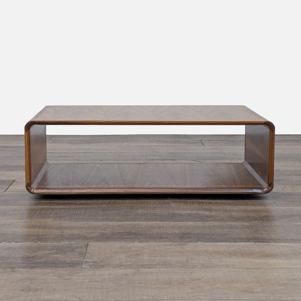 Solid walnut coffee table with chamfered edges and an open shelf design.