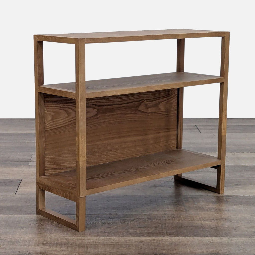 Minimalist two-shelf bookcase in wood, featuring safe anti-tip mechanism, by Inside Weather.  