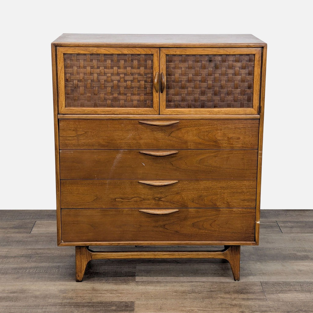 Vintage walnut high boy dresser with four drawers and a cabinet with woven doors.