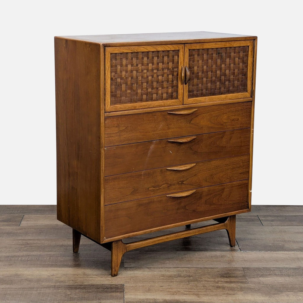 Mid-century style walnut dresser with basketweave cabinet doors and four storage drawers.