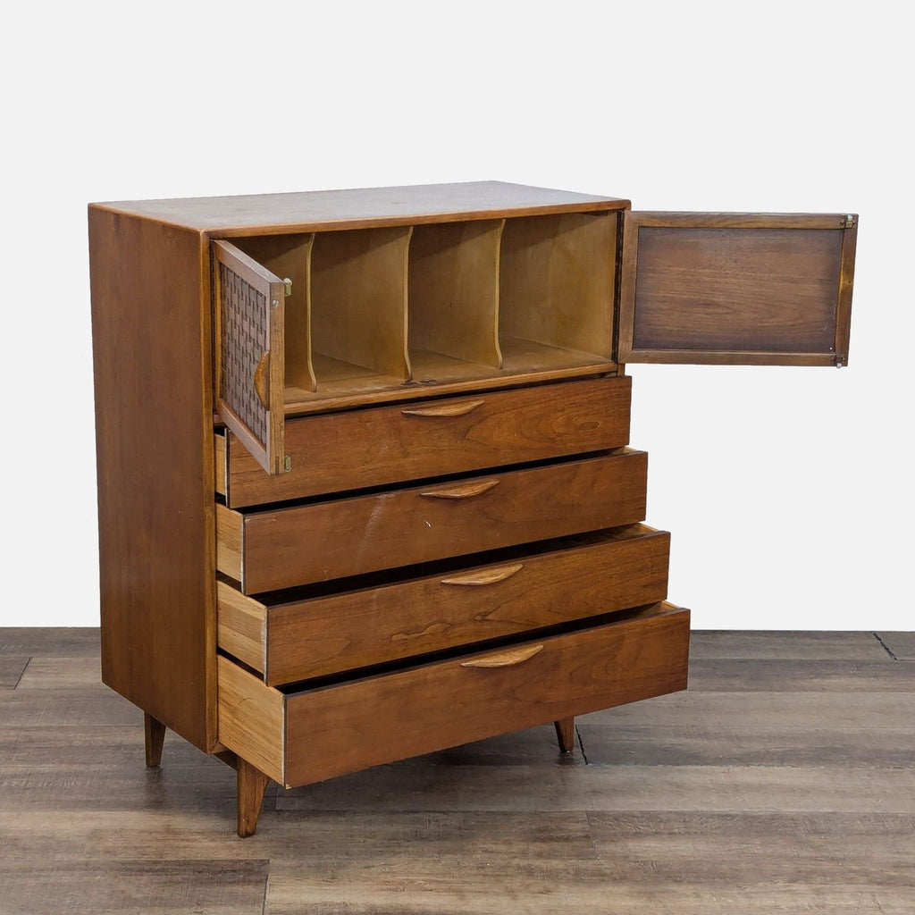 Solid walnut dresser by Lane, featuring four drawers and an upper cabinet with cubbies.