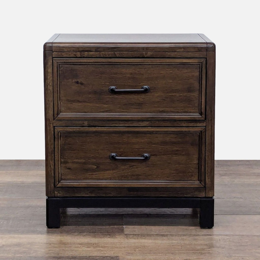 Dark wood nightstand with two drawers and USB ports.