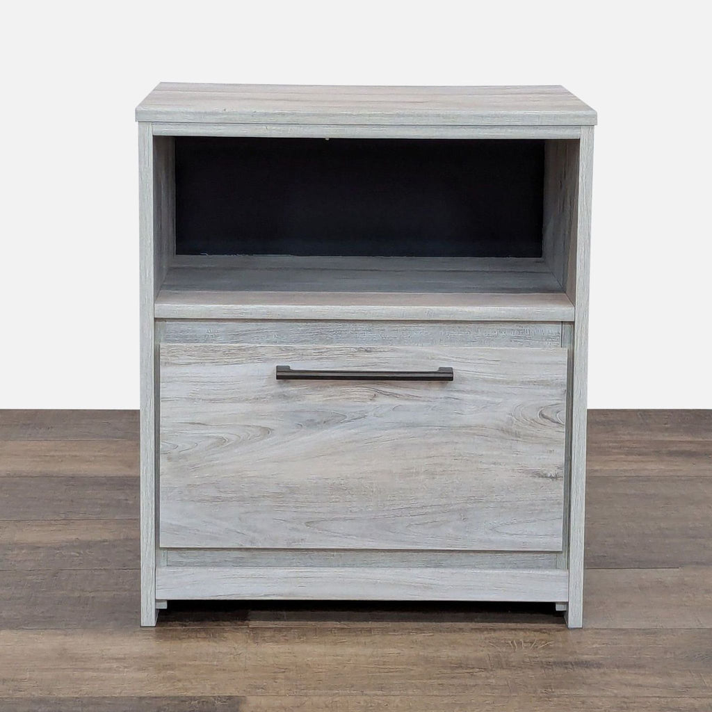 Nightstand with drawer, open shelf, and USB charger, engineered wood, by Ashley Furniture.  