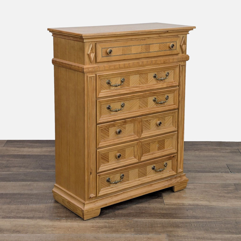 Angled view of Reperch solid wood dresser with detailing.