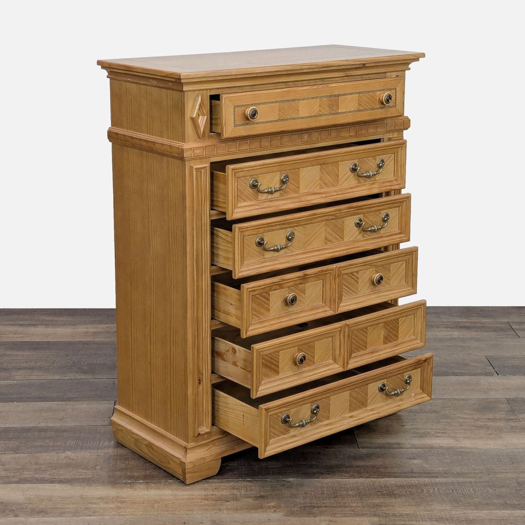 Side view of Reperch dresser, open solid wood drawers.