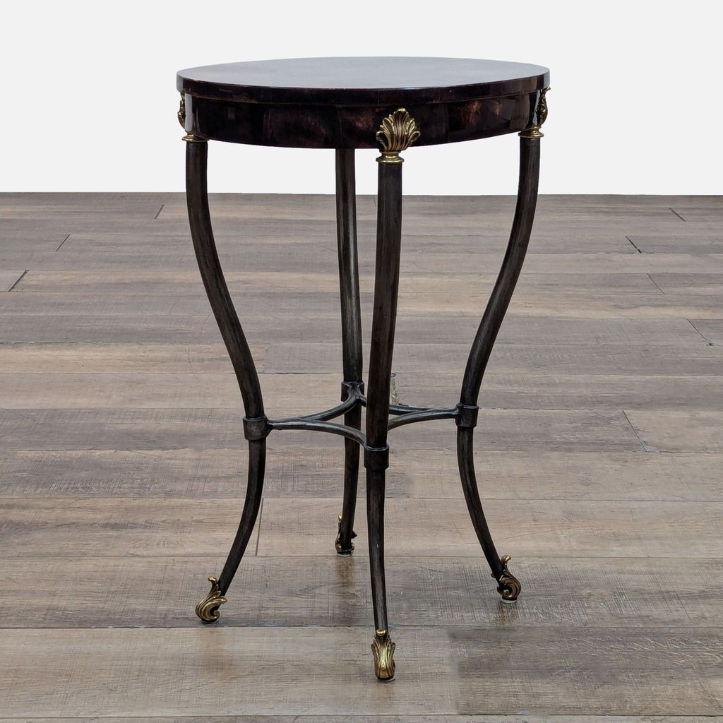 Ethan Allen side table with tessellated faux tortoise shell top, on steel base with gilt metal details.